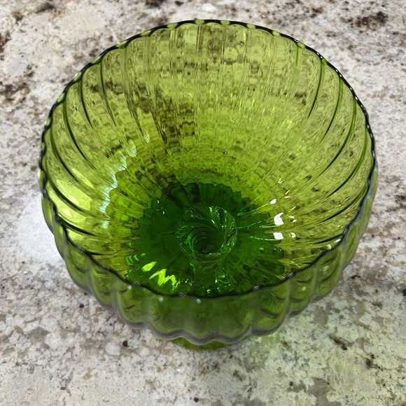 Vintage Empoli Green Ribbed Glass Pedestal Compote Bowl Scalloped Rim - Picture 4 of 7